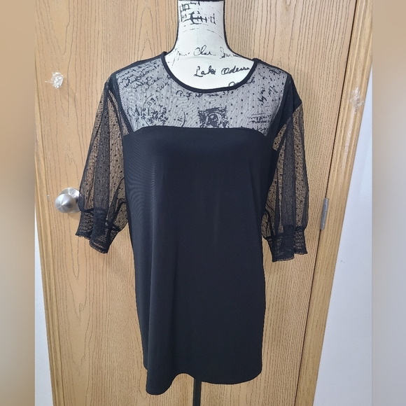 Anne Klein Tops - Anne Klein Mesh Swiss Polka Dot Sleeve Illusion Neckline Top